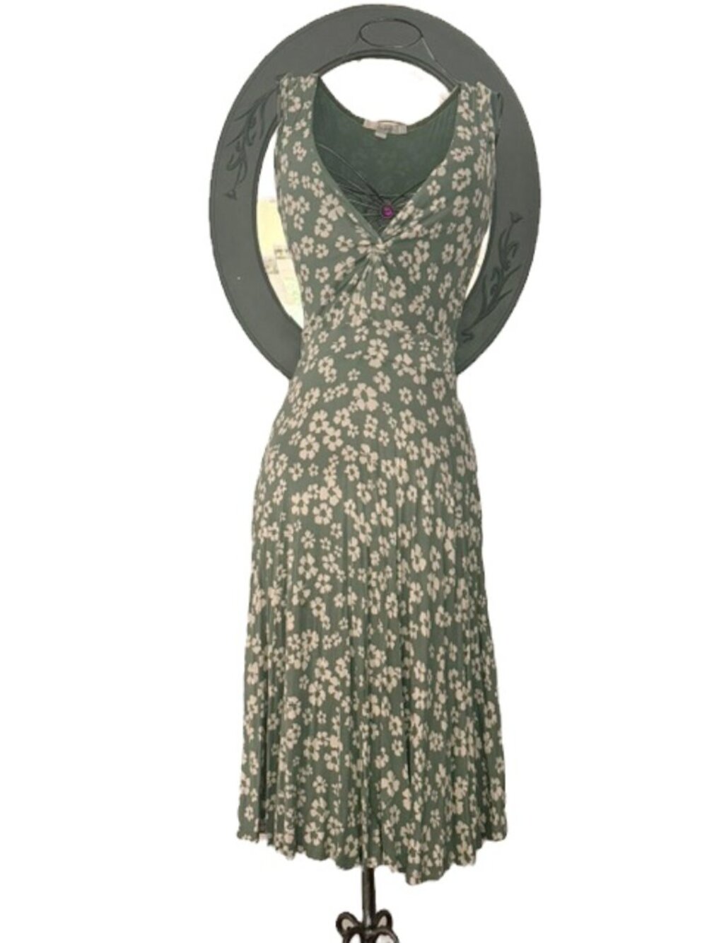 Vintage Y2K Boden Green Floral V-Neck Midi Dress US 4 UK 8